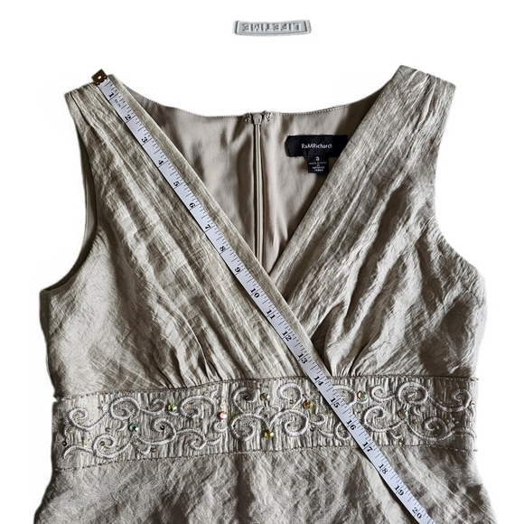 R&M Richards Iridescent Silver Jeweled Beaded Layered V Neck Cocktail Midi Dress - Picture 11 of 16